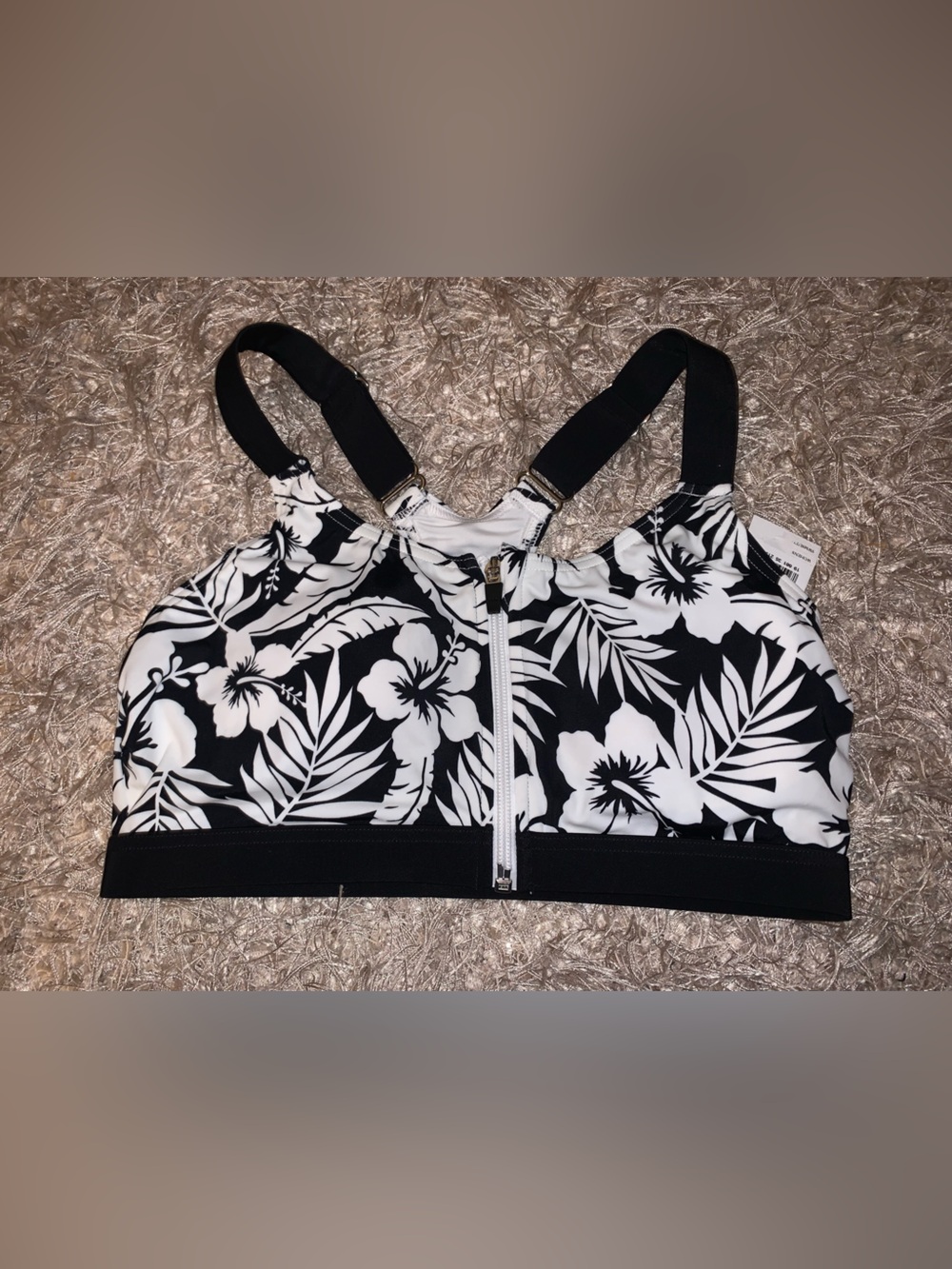 Lands' End Black & White Floral Zip-Front Bikini Top XS